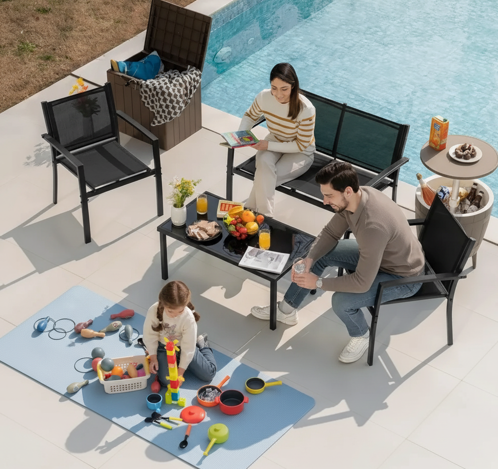 Modern 4-Piece Outdoor Patio Furniture Set with Glass Table - angle view