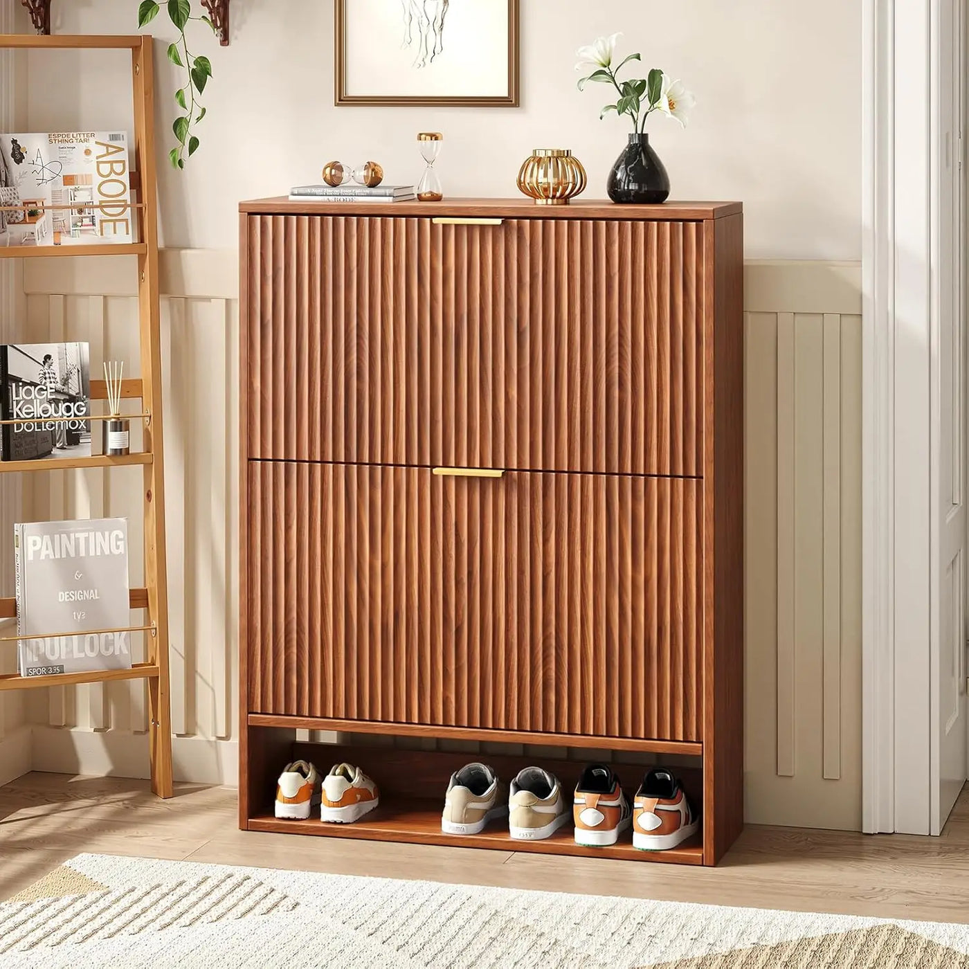 Modern Fluted Shoe Cabinet with Hidden Flip Drawers