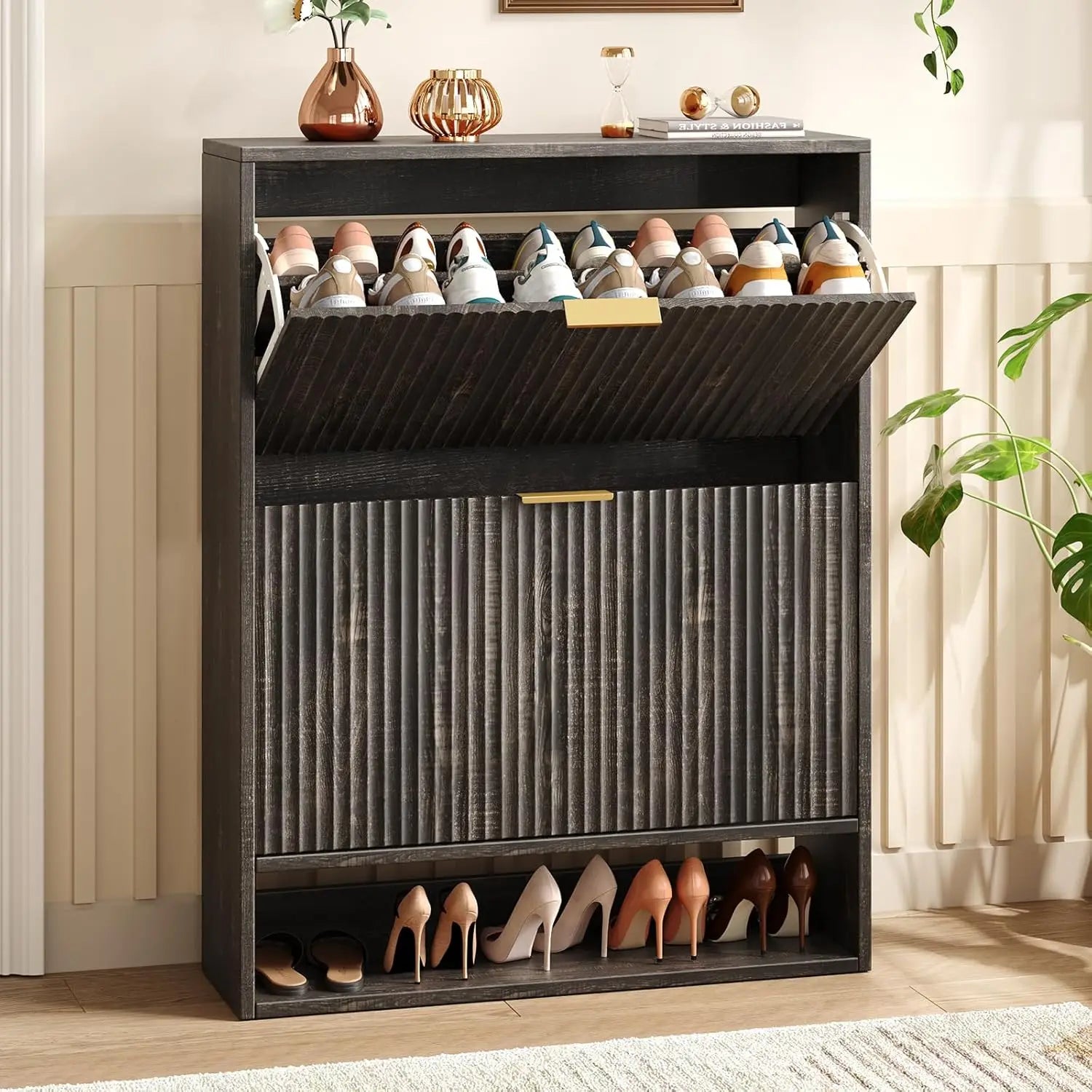 Modern Fluted Shoe Cabinet with Hidden Flip Drawers - view 14