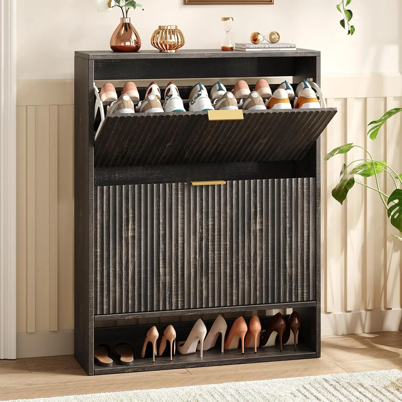 Modern Fluted Shoe Cabinet with Hidden Flip Drawers