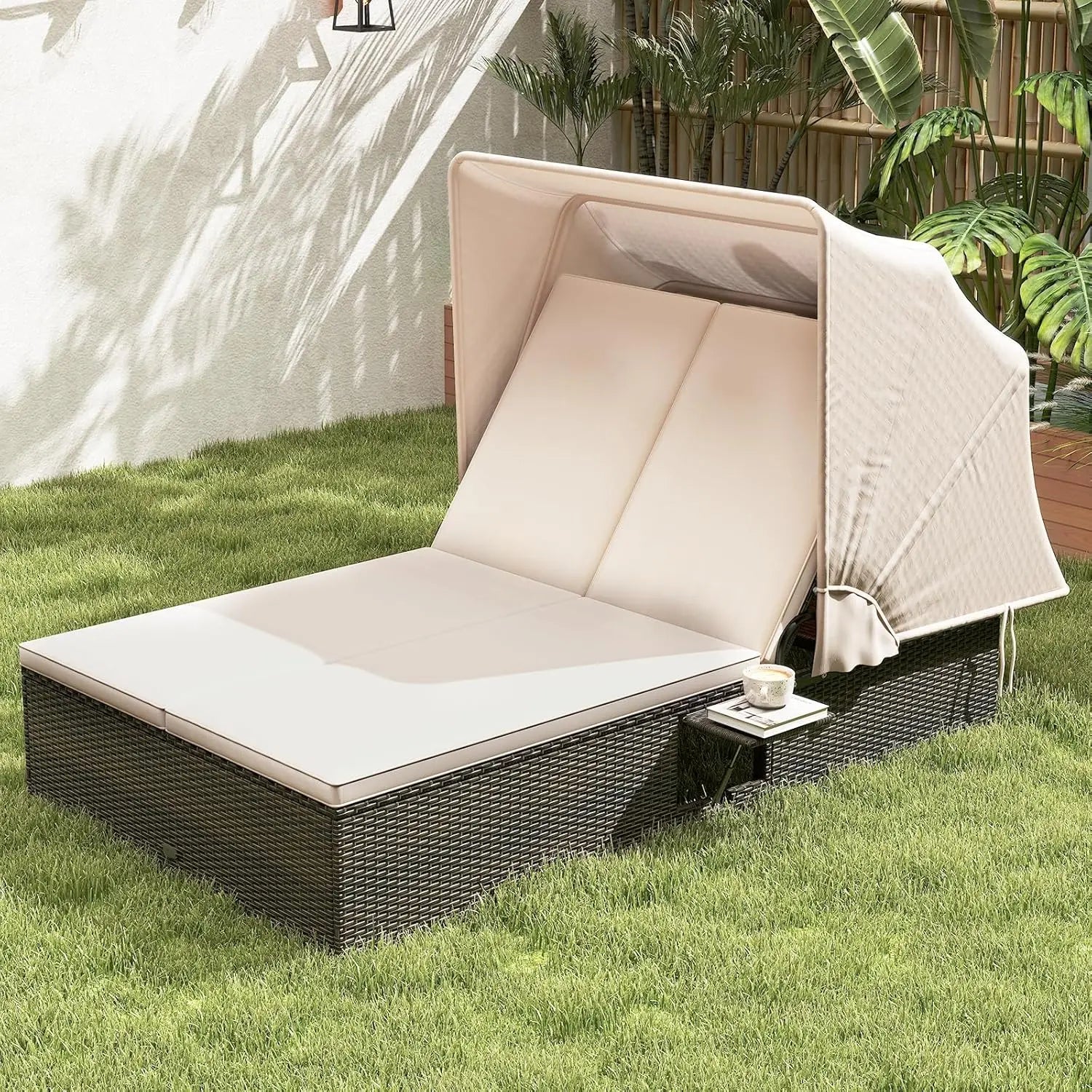 2-Seater Outdoor Patio Daybed with Retractable Canopy & Side Tables - angle view