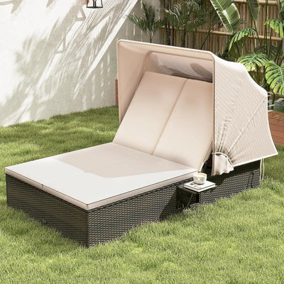 2-Seater Outdoor Patio Daybed with Retractable Canopy & Side Tables