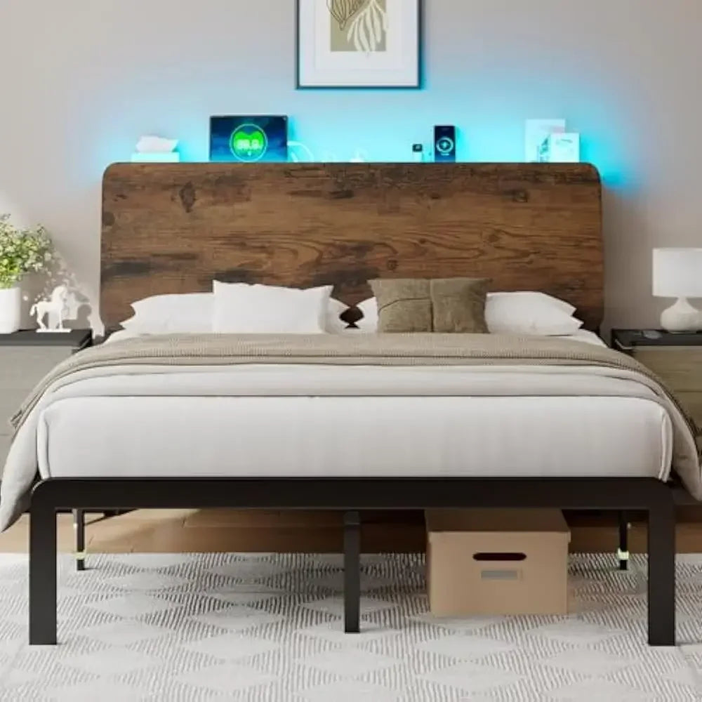 ERG Rustic LED Storage Bed Frame - Adjustable Lights, USB Ports & Ergonomic Design - lifestyle shot