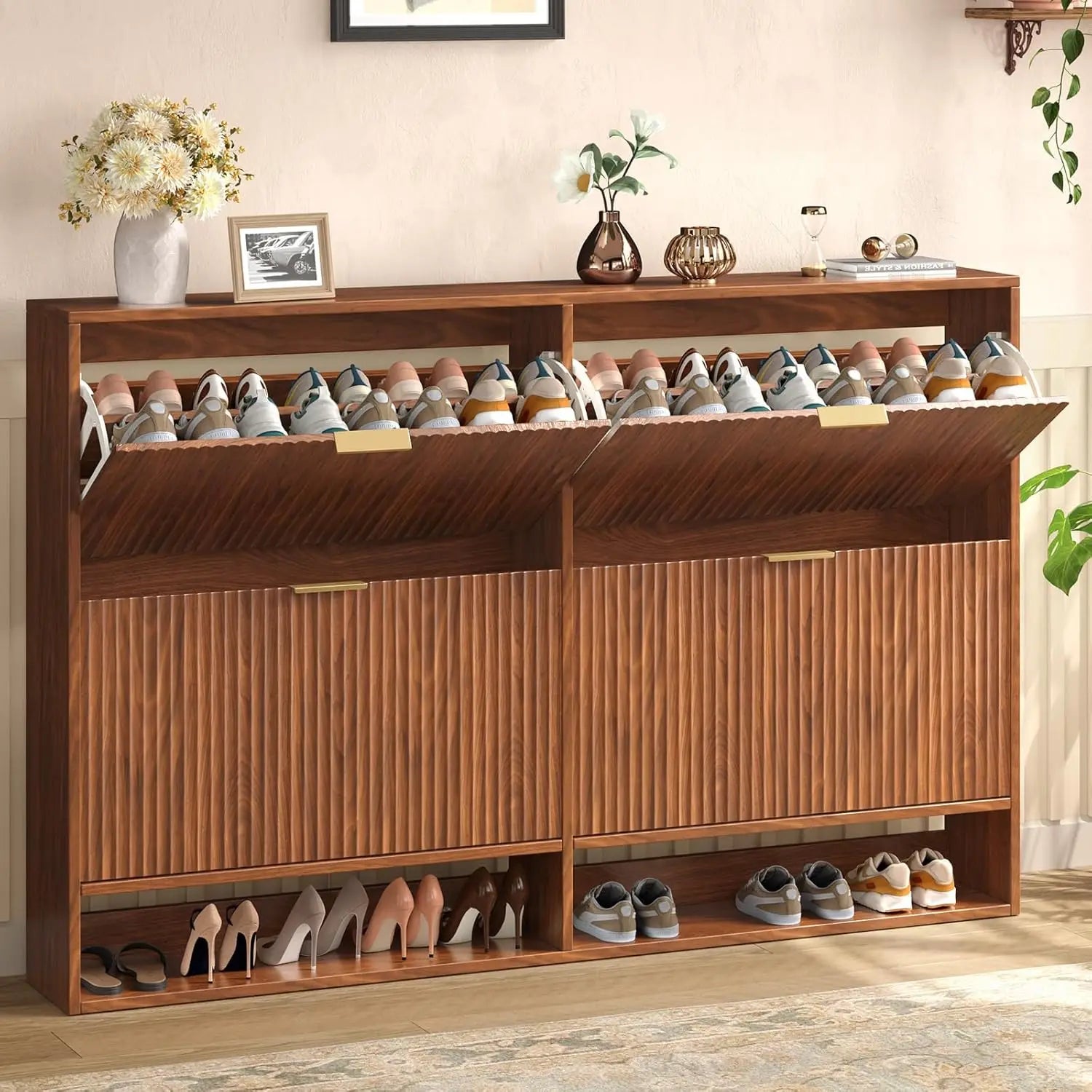 Modern Fluted Shoe Cabinet with Hidden Flip Drawers - view 10