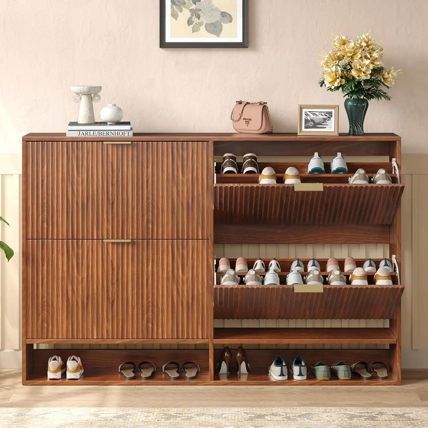 Modern Fluted Shoe Cabinet with Hidden Flip Drawers