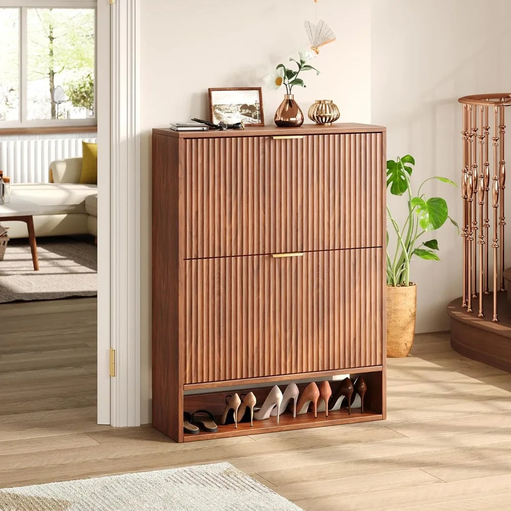 Modern Fluted Shoe Cabinet with Hidden Flip Drawers - angle view