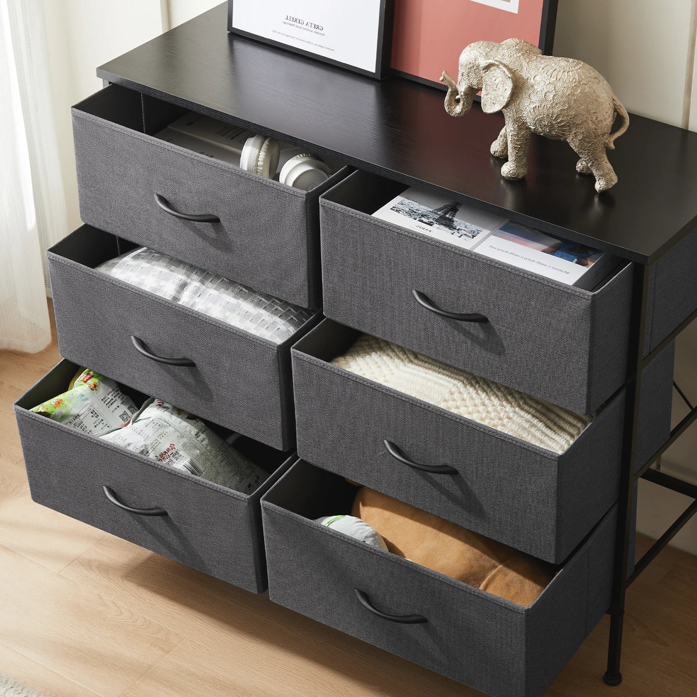 6-Drawer Dresser with Wooden Top – Modern Fabric Storage Organizer