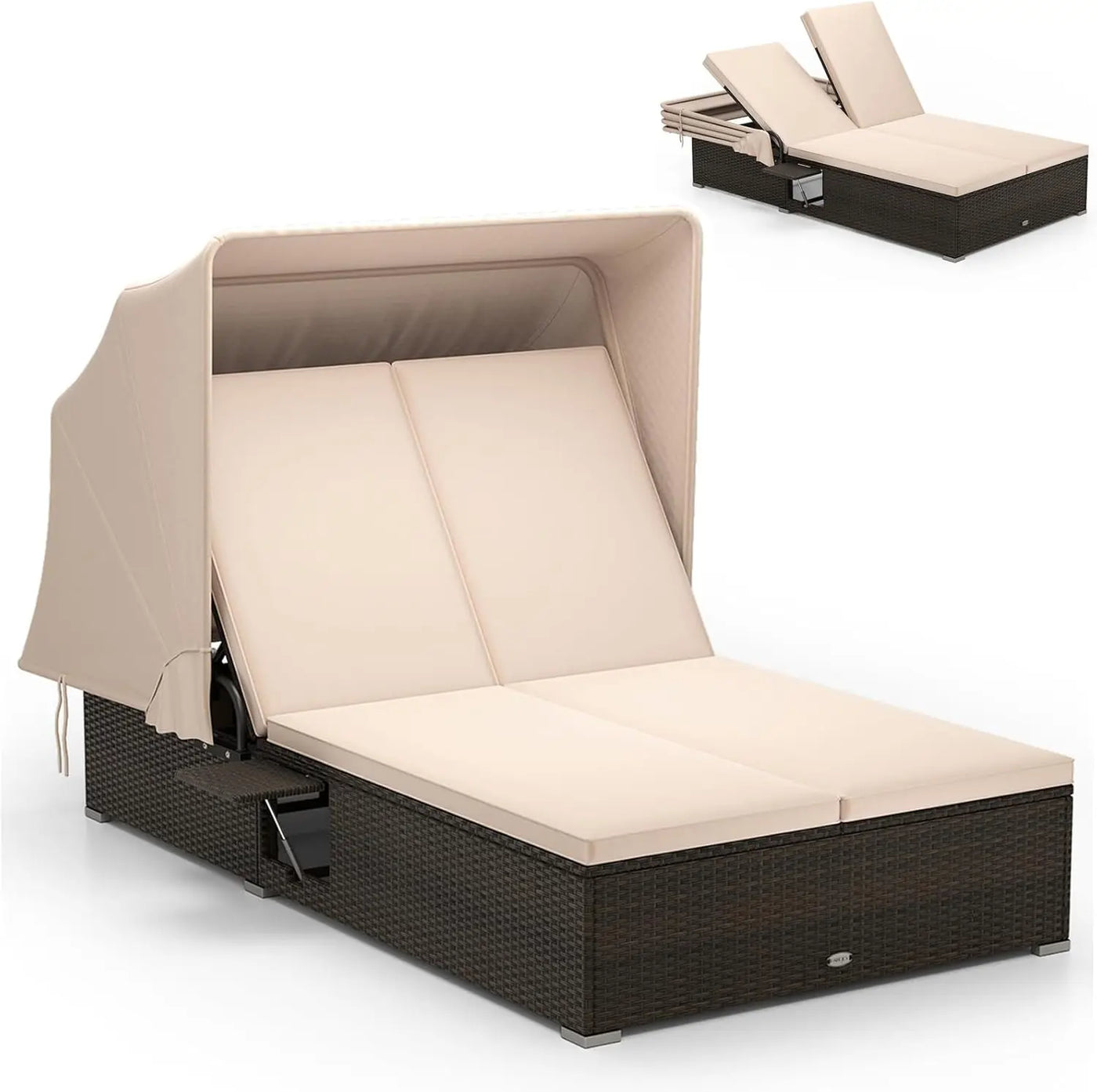 2-Seater Outdoor Patio Daybed with Retractable Canopy & Side Tables