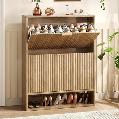 Modern Fluted Shoe Cabinet with Hidden Flip Drawers