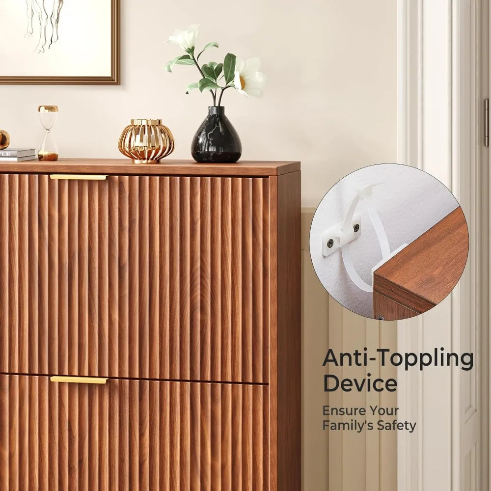 Modern Fluted Shoe Cabinet with Hidden Flip Drawers