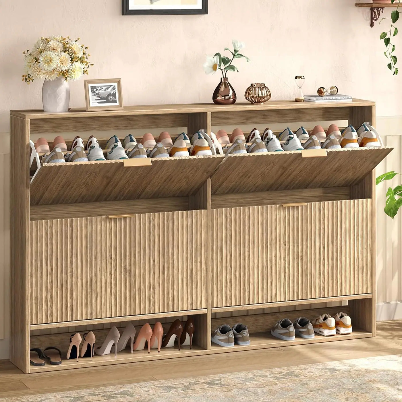 Modern Fluted Shoe Cabinet with Hidden Flip Drawers
