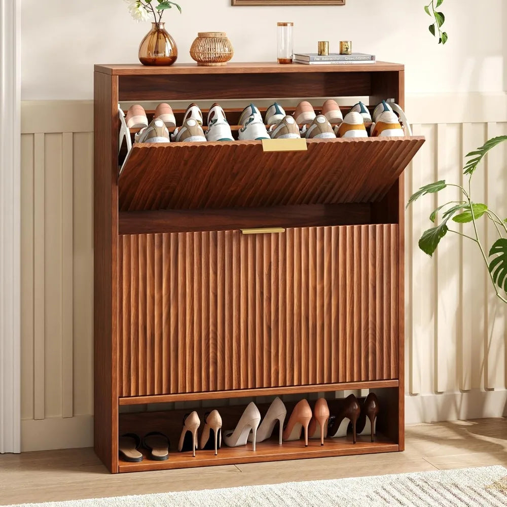 Modern Fluted Shoe Cabinet with Hidden Flip Drawers