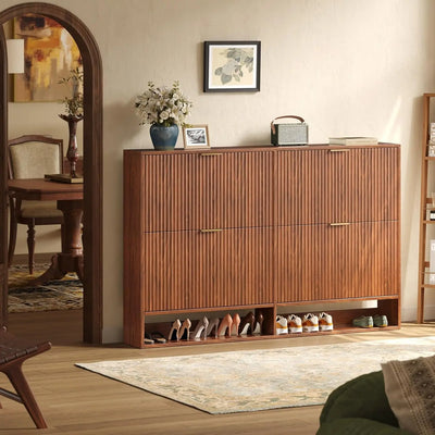 Modern Fluted Shoe Cabinet with Hidden Flip Drawers