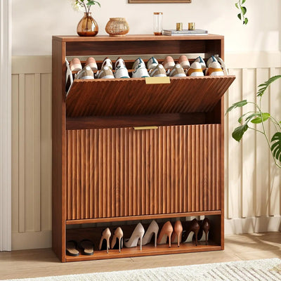 Modern Fluted Shoe Cabinet with Hidden Flip Drawers