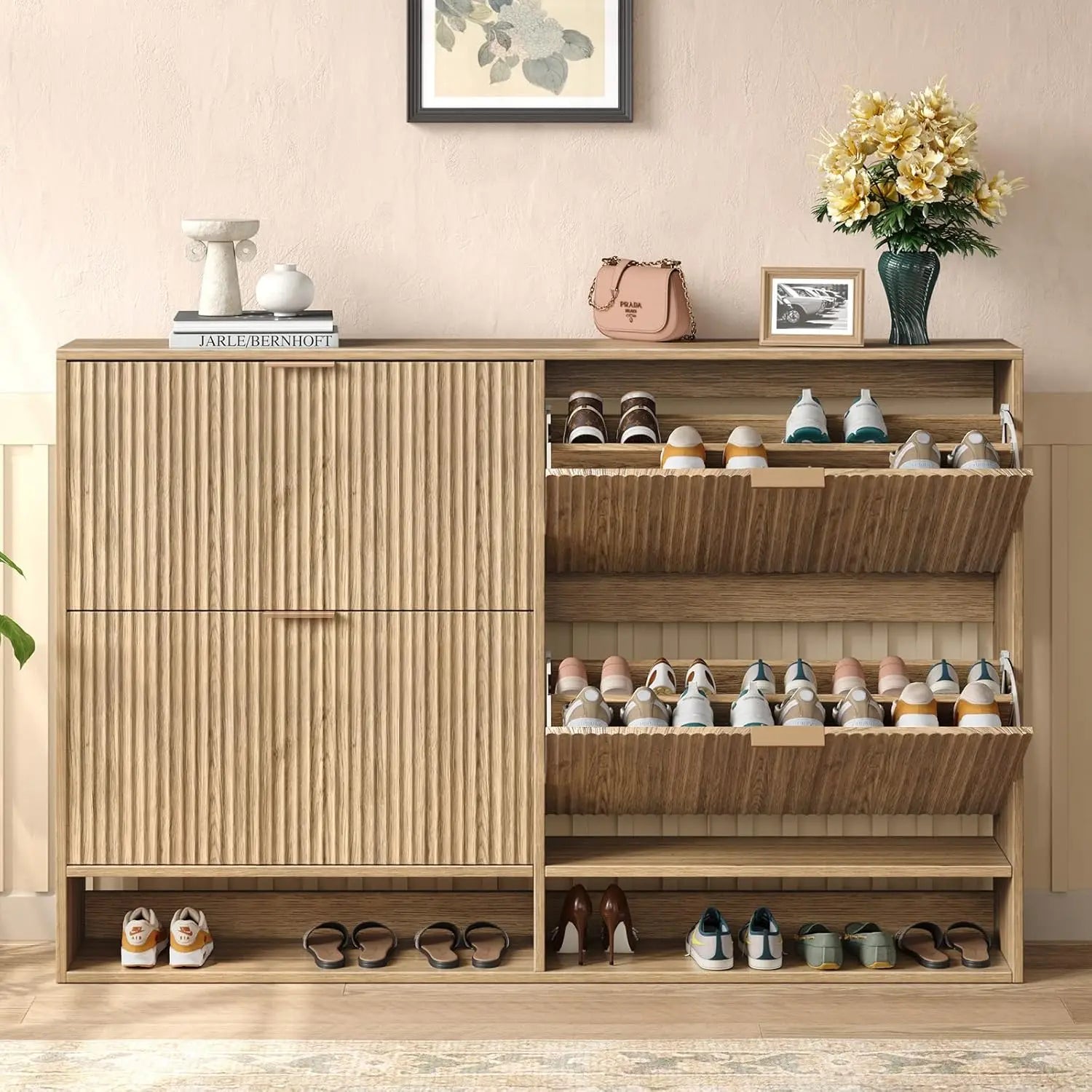 Modern Fluted Shoe Cabinet with Hidden Flip Drawers - view 8