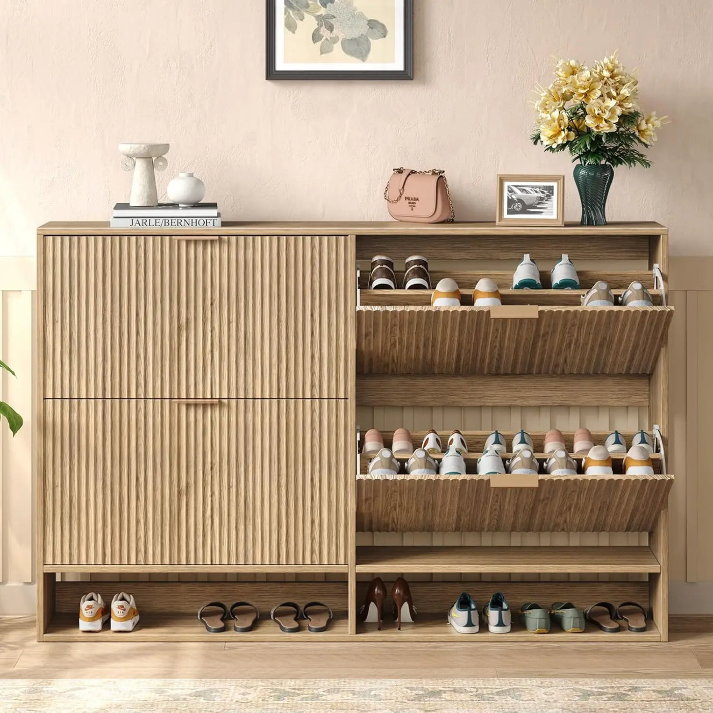 Modern Fluted Shoe Cabinet with Hidden Flip Drawers