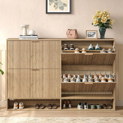 Modern Fluted Shoe Cabinet with Hidden Flip Drawers