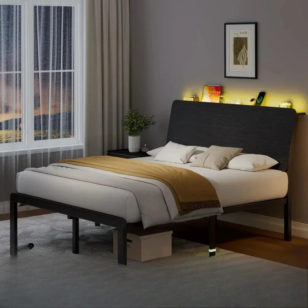 ERG Rustic LED Storage Bed Frame - Adjustable Lights, USB Ports & Ergonomic Design - angle view