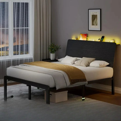 ERG Rustic LED Storage Bed Frame - Adjustable Lights, USB Ports & Ergonomic Design - angle view