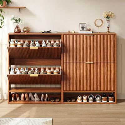 Modern Fluted Shoe Cabinet with Hidden Flip Drawers