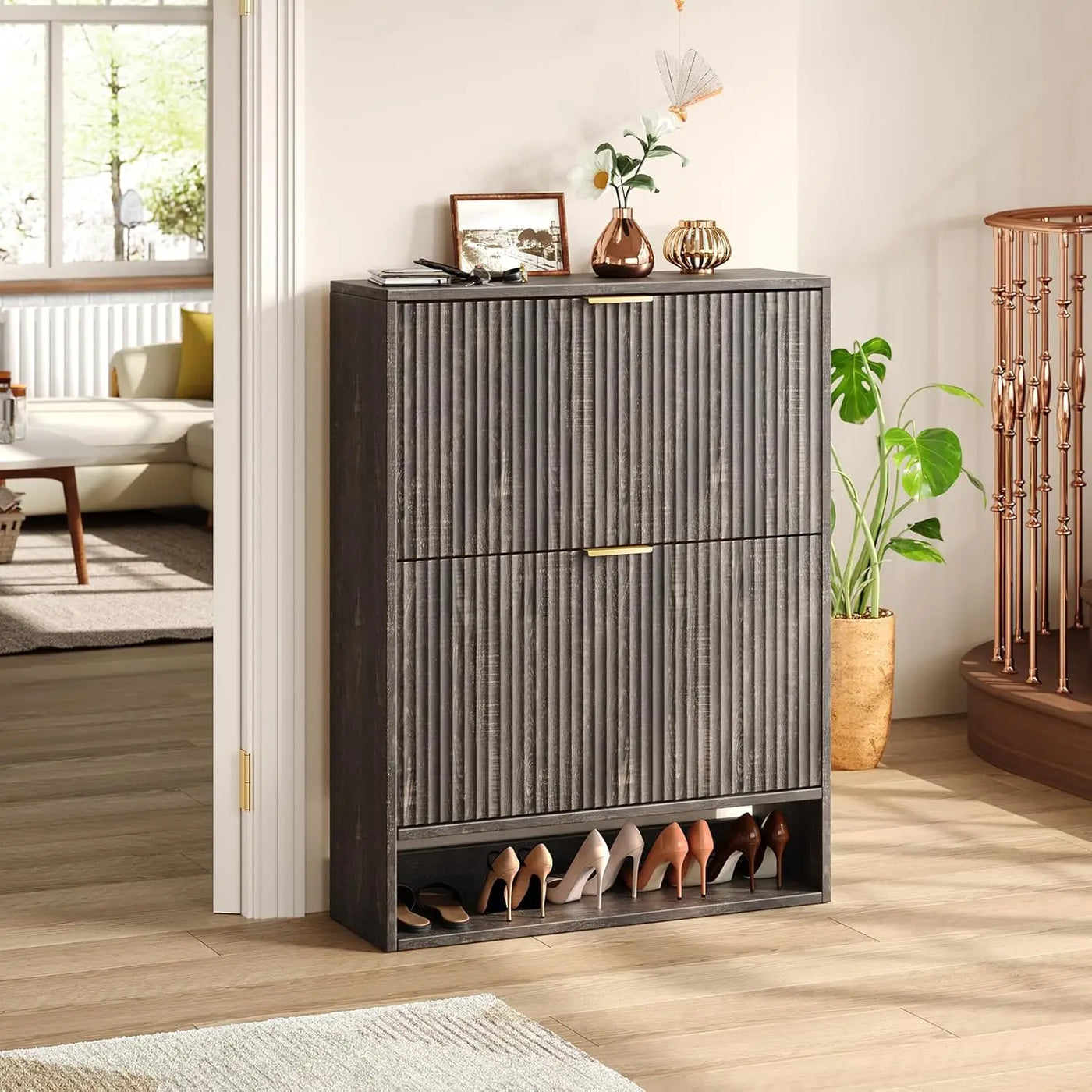 Modern Fluted Shoe Cabinet with Hidden Flip Drawers