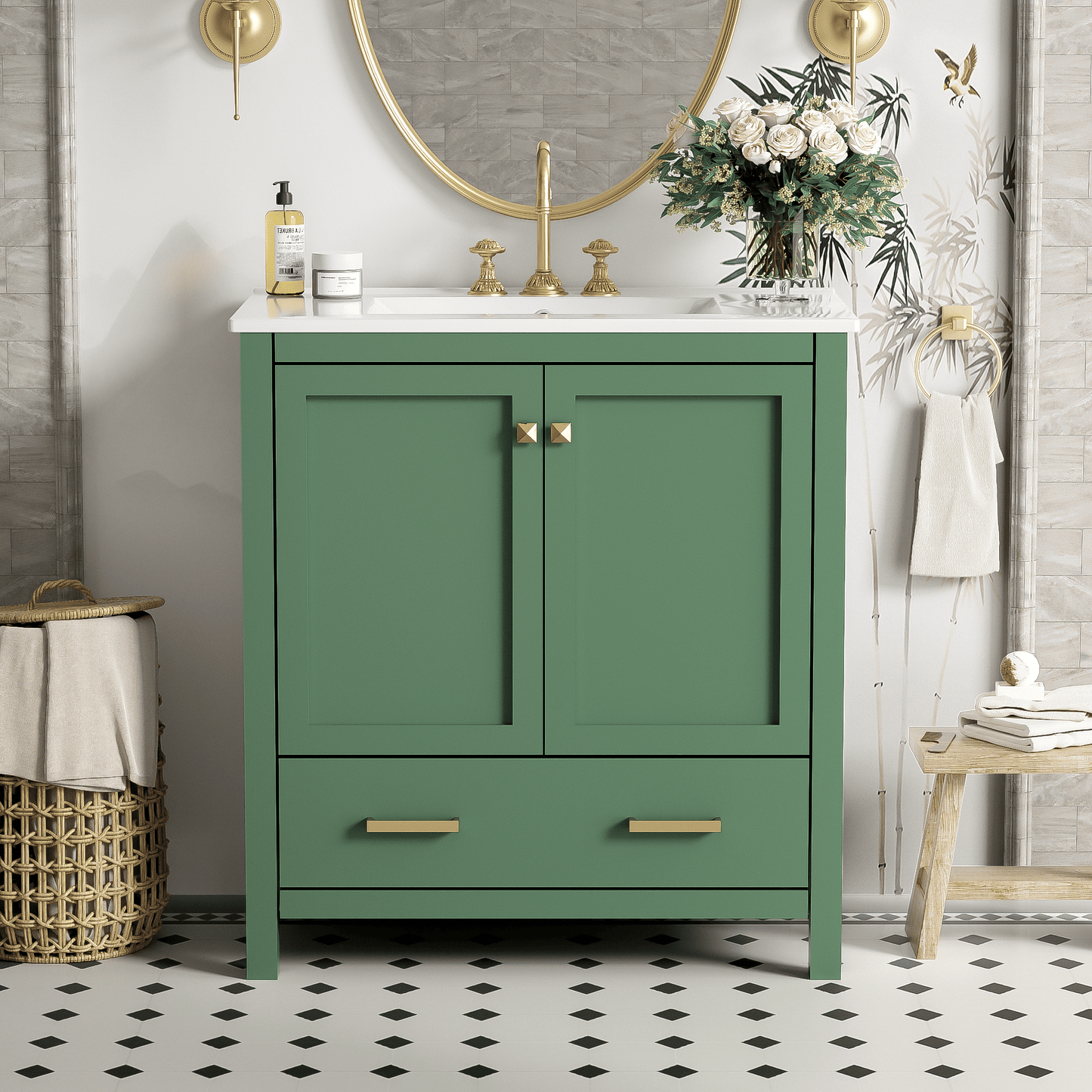 30" Green Bathroom Vanity with Single Sink - detail view