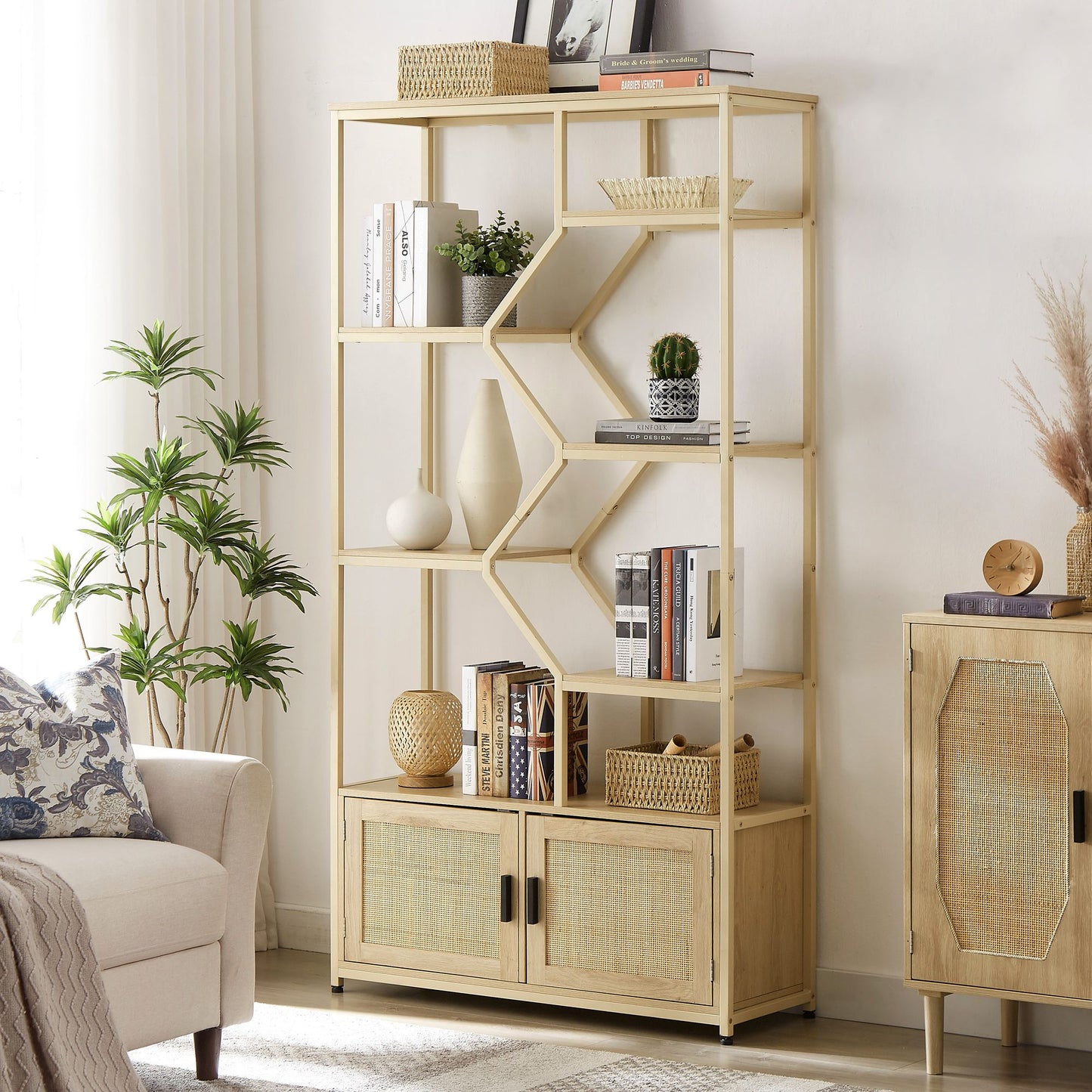 Bohemian Rattan Bookshelf - 6 Open Shelves with Storage Cabinet - close-up