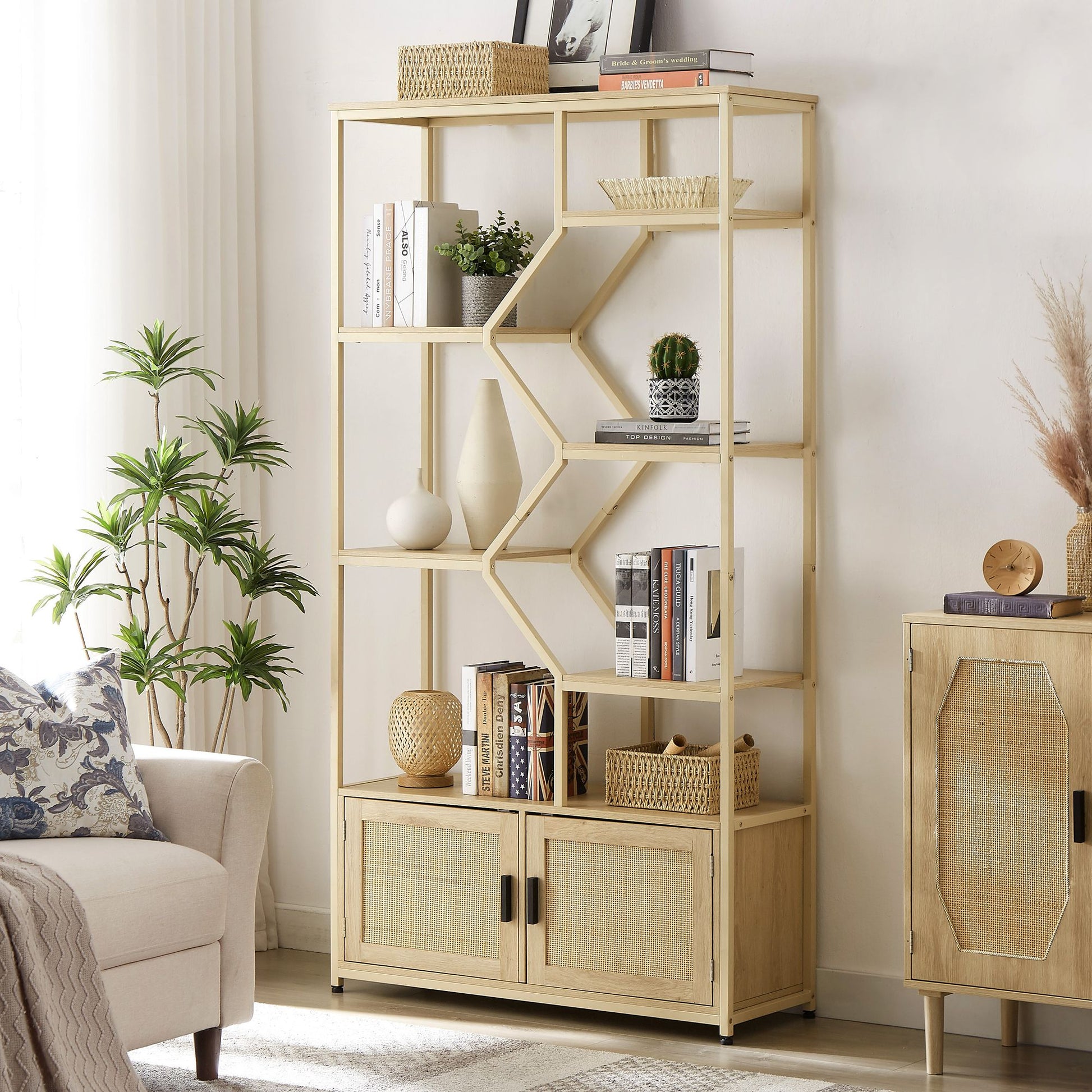 Bohemian Rattan Bookshelf - 6 Open Shelves with Storage Cabinet - close-up