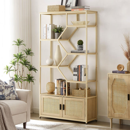 Bohemian Rattan Bookshelf - 6 Open Shelves with Storage Cabinet - close-up