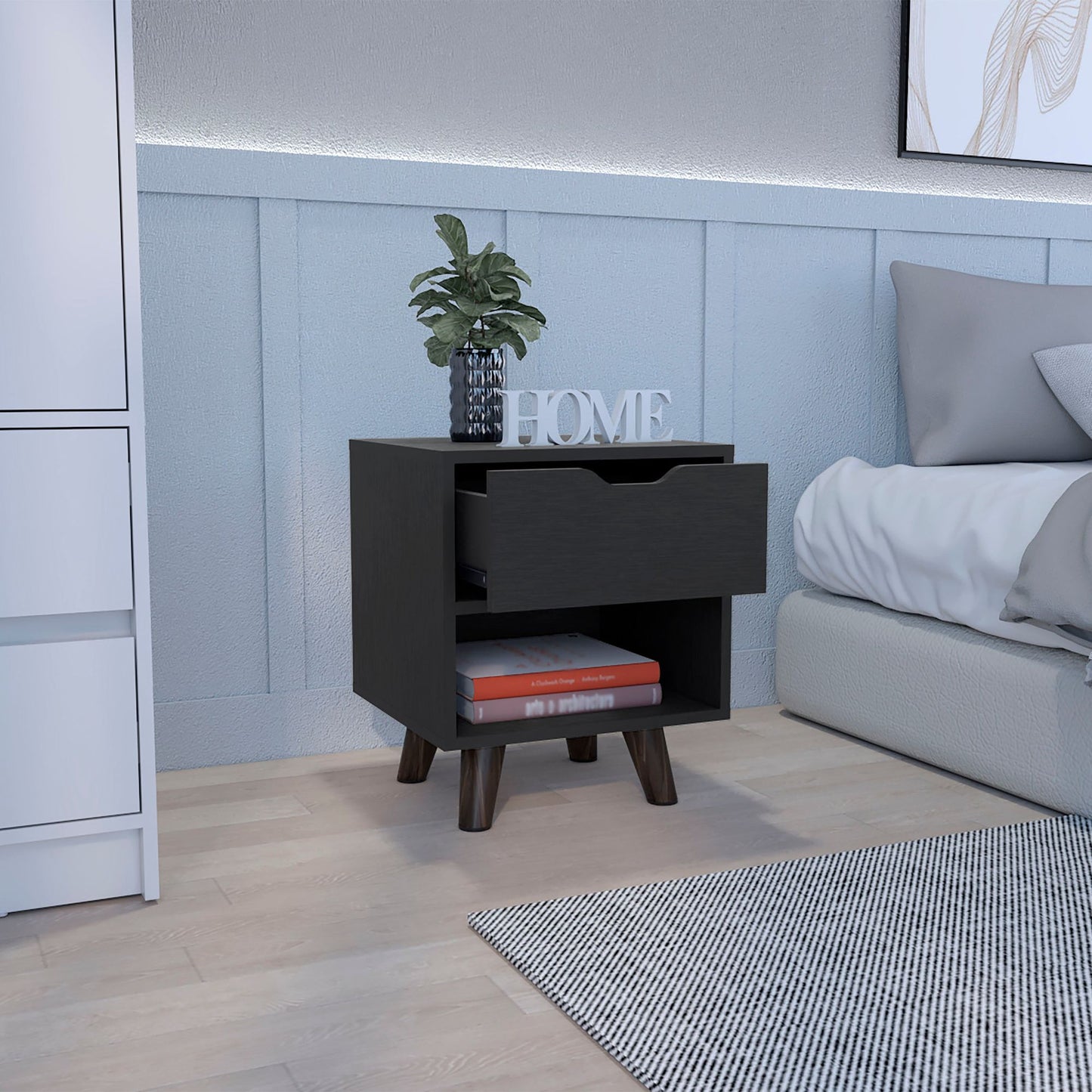 Modern Nightstand with Drawer and Open Shelf - lifestyle shot