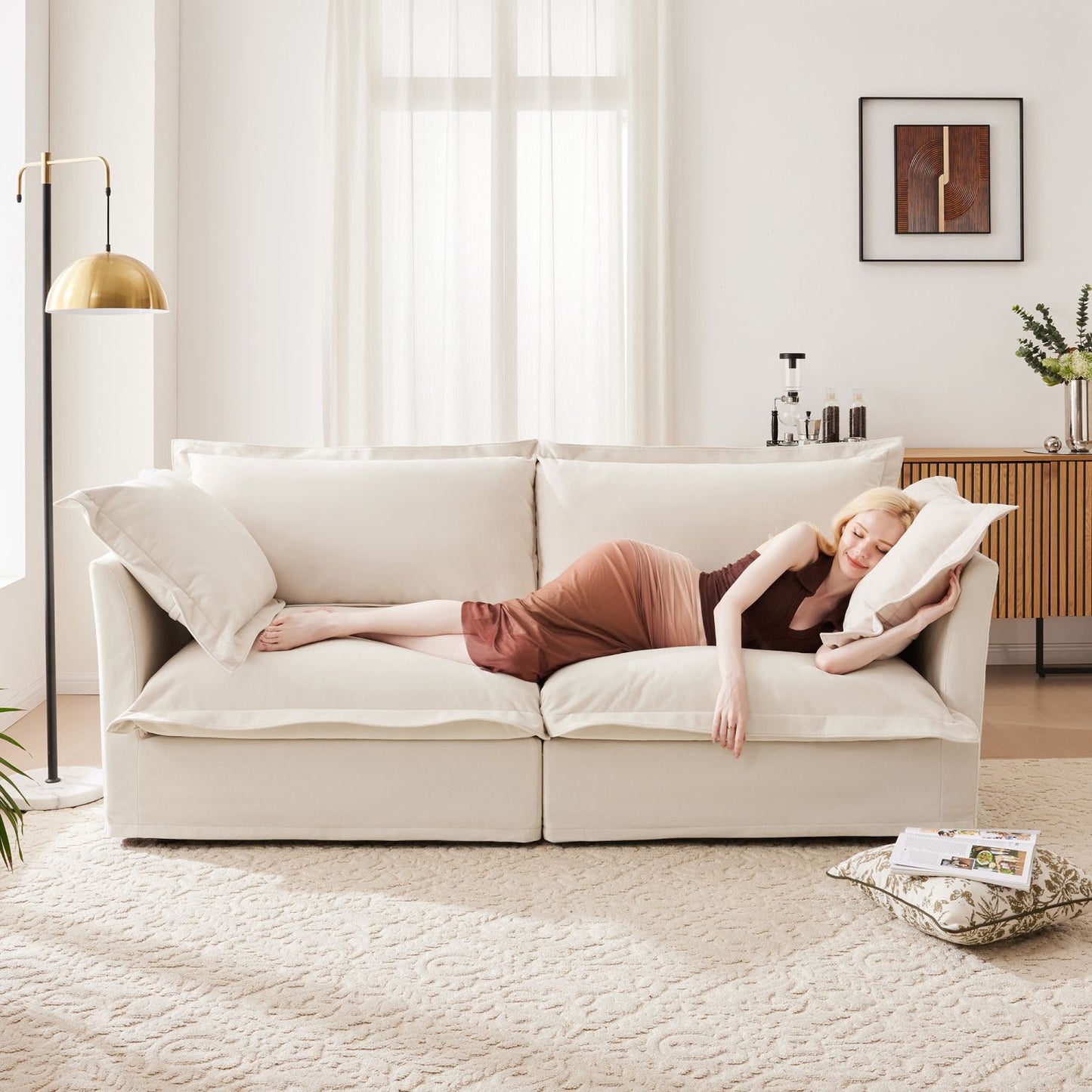 Modern Cream Chenille 2-Seat Cloud Sofa - angle view
