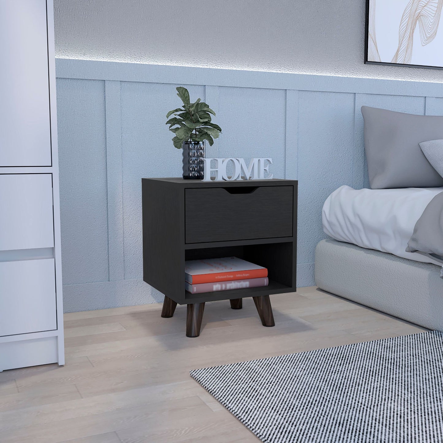 Modern Nightstand with Drawer and Open Shelf - close-up