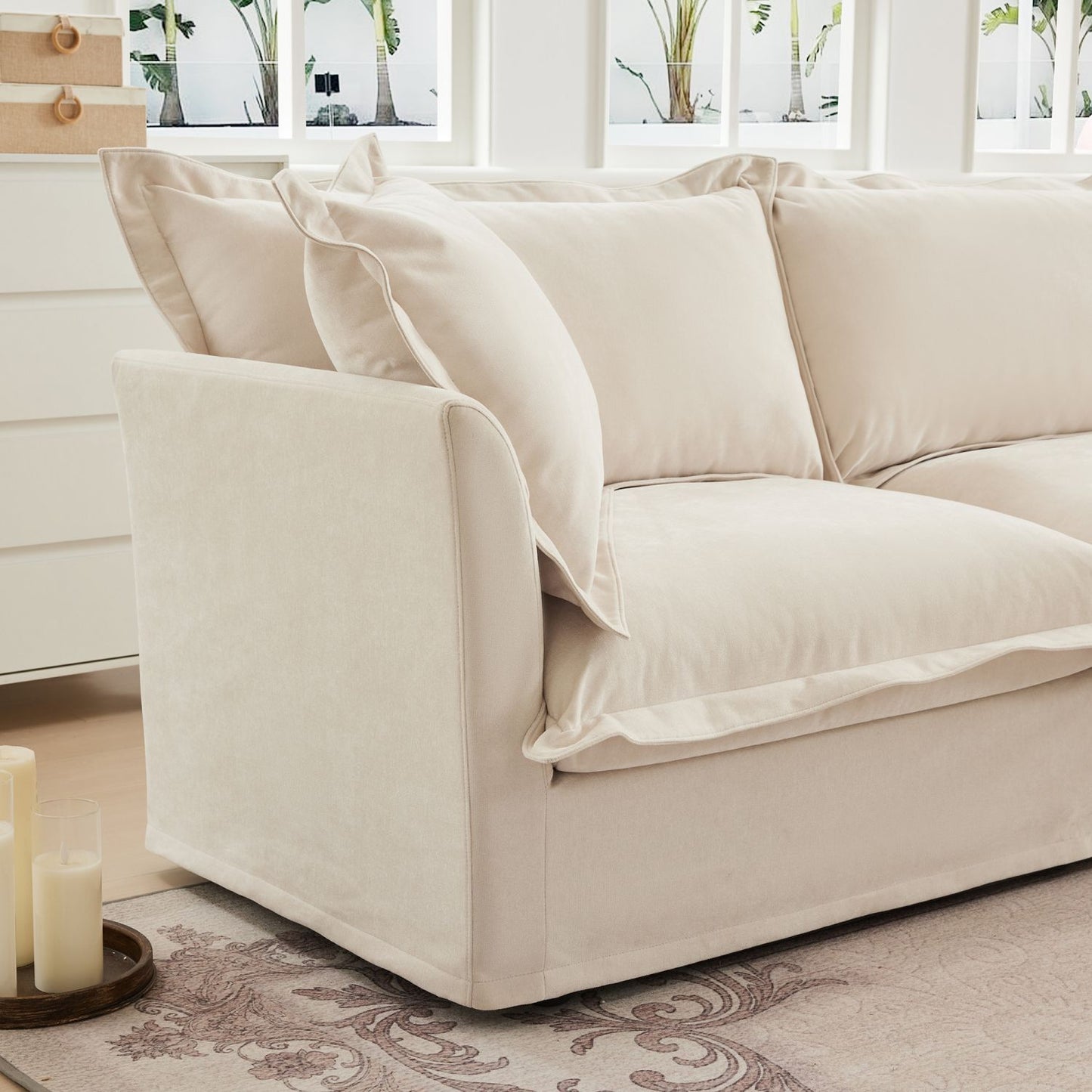 Modern Cream Chenille 2-Seat Cloud Sofa - dimensions view