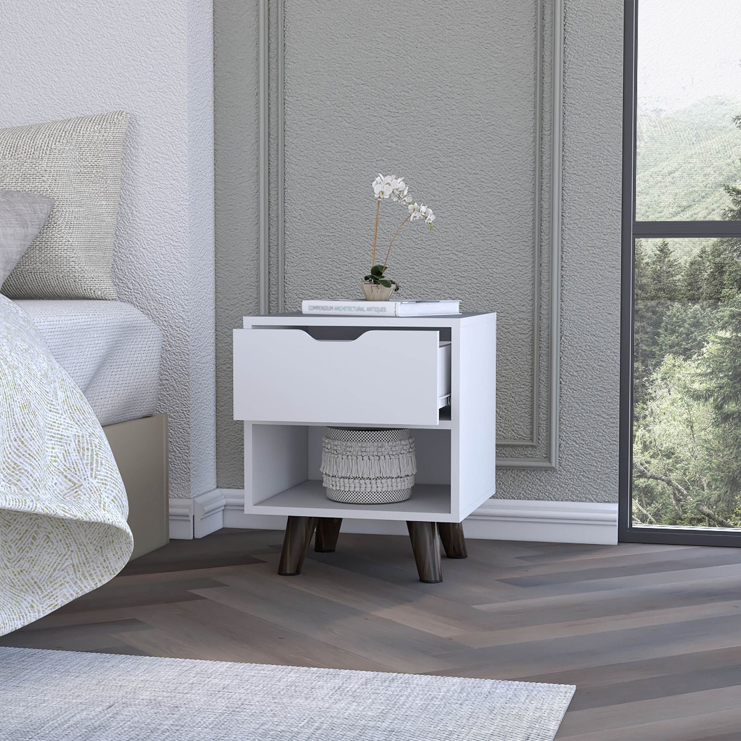 Modern Nightstand with Drawer and Open Shelf - angle view