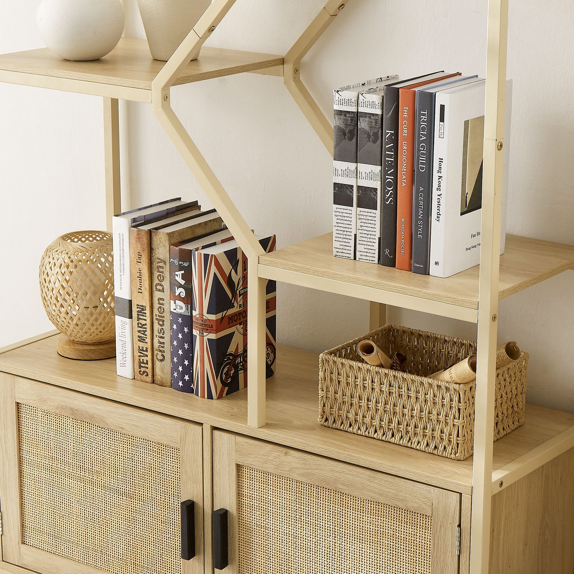 Bohemian Rattan Bookshelf - 6 Open Shelves with Storage Cabinet - detail view
