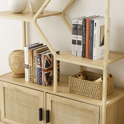 Bohemian Rattan Bookshelf - 6 Open Shelves with Storage Cabinet - detail view