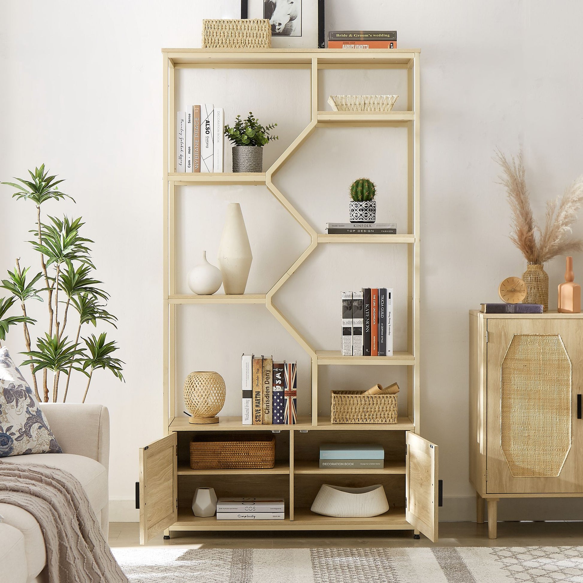 Bohemian Rattan Bookshelf - 6 Open Shelves with Storage Cabinet - angle view