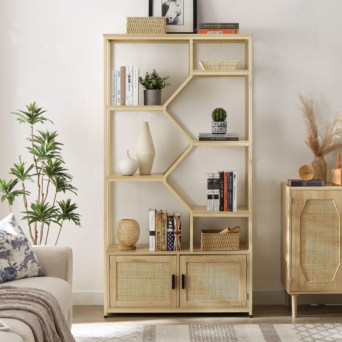 Bohemian Rattan Bookshelf - 6 Open Shelves with Storage Cabinet