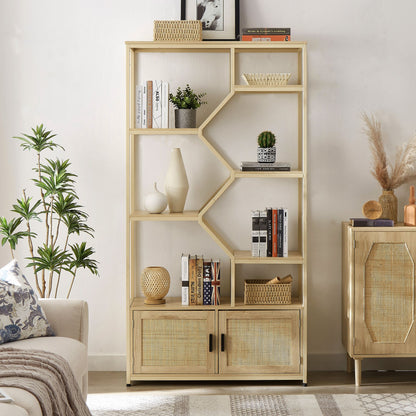 Bohemian Rattan Bookshelf - 6 Open Shelves with Storage Cabinet
